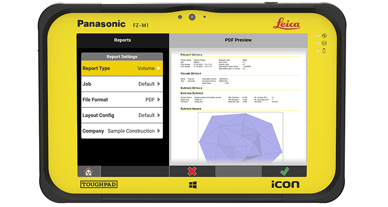 Solutions de construction Leica iCON pour terrassements montrant le rapport automatisé utilisé pour les calculs de volume et comparaisons de surfaces.